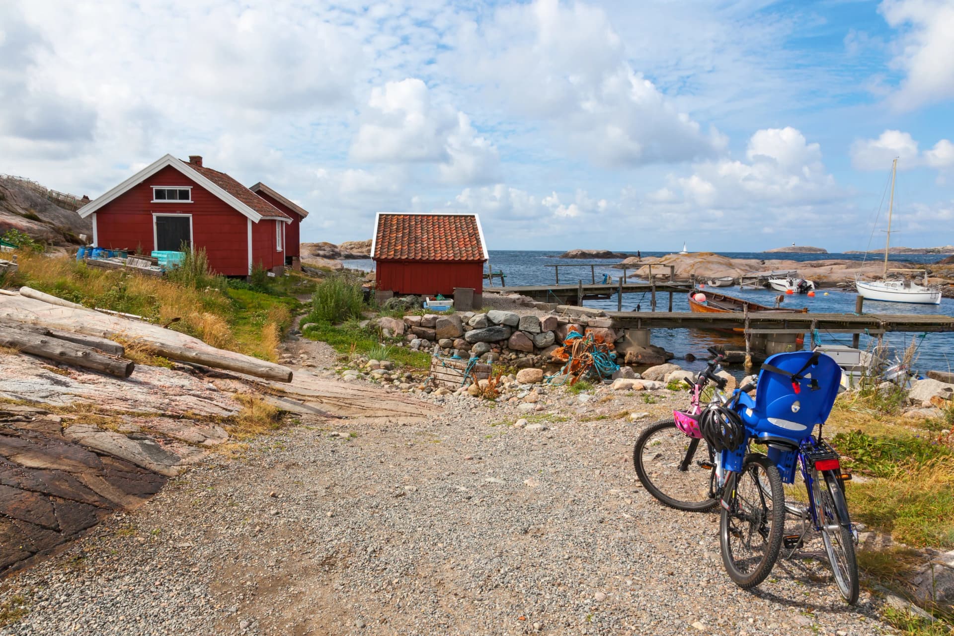 Bicycles parked at the cottages by the sea