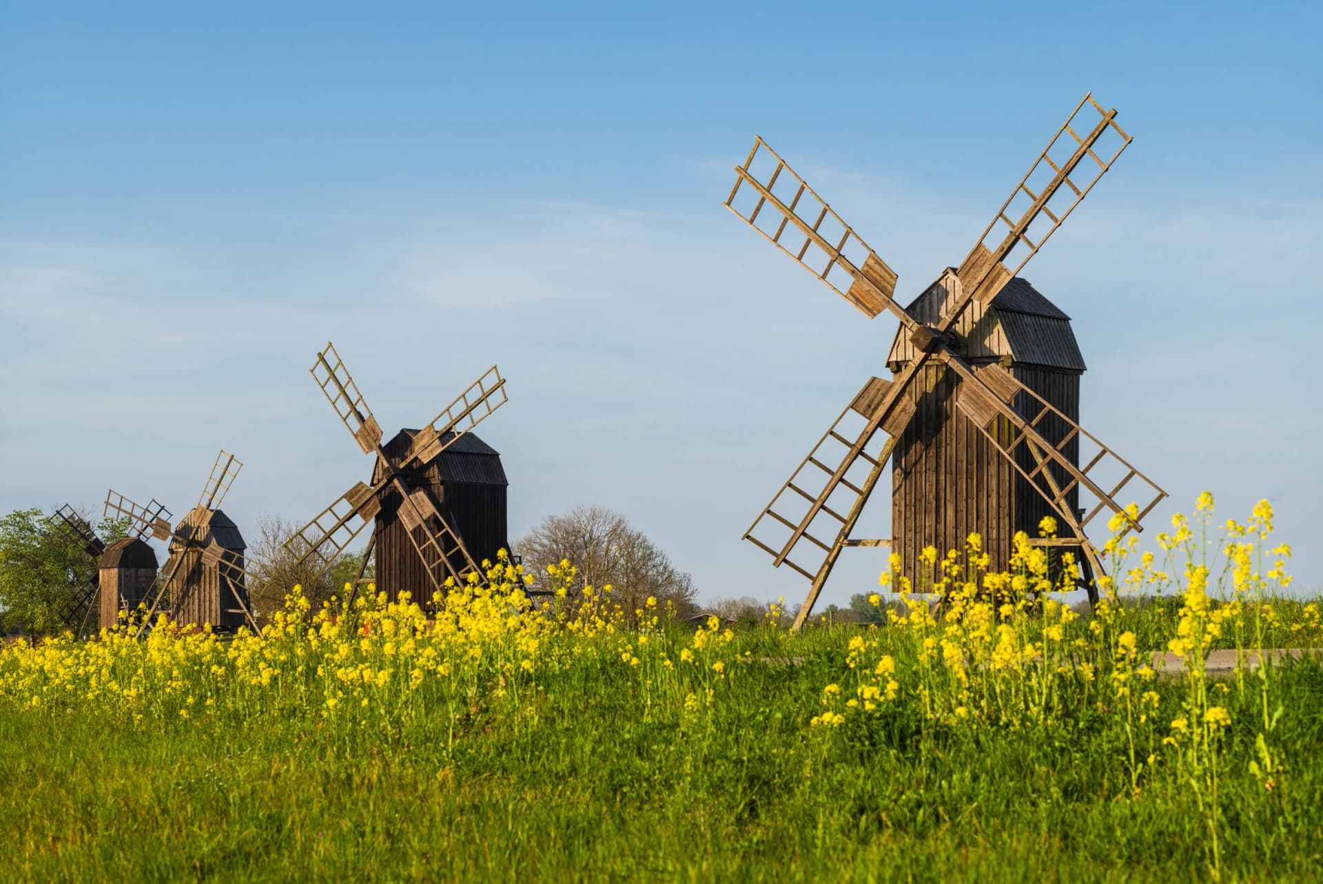Sweden, Oland Island, Lerkaka, antique wooden windmills