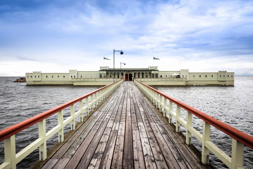 Ribersborgs Kallbadhus open air bath in Malmo Oresund channel view
