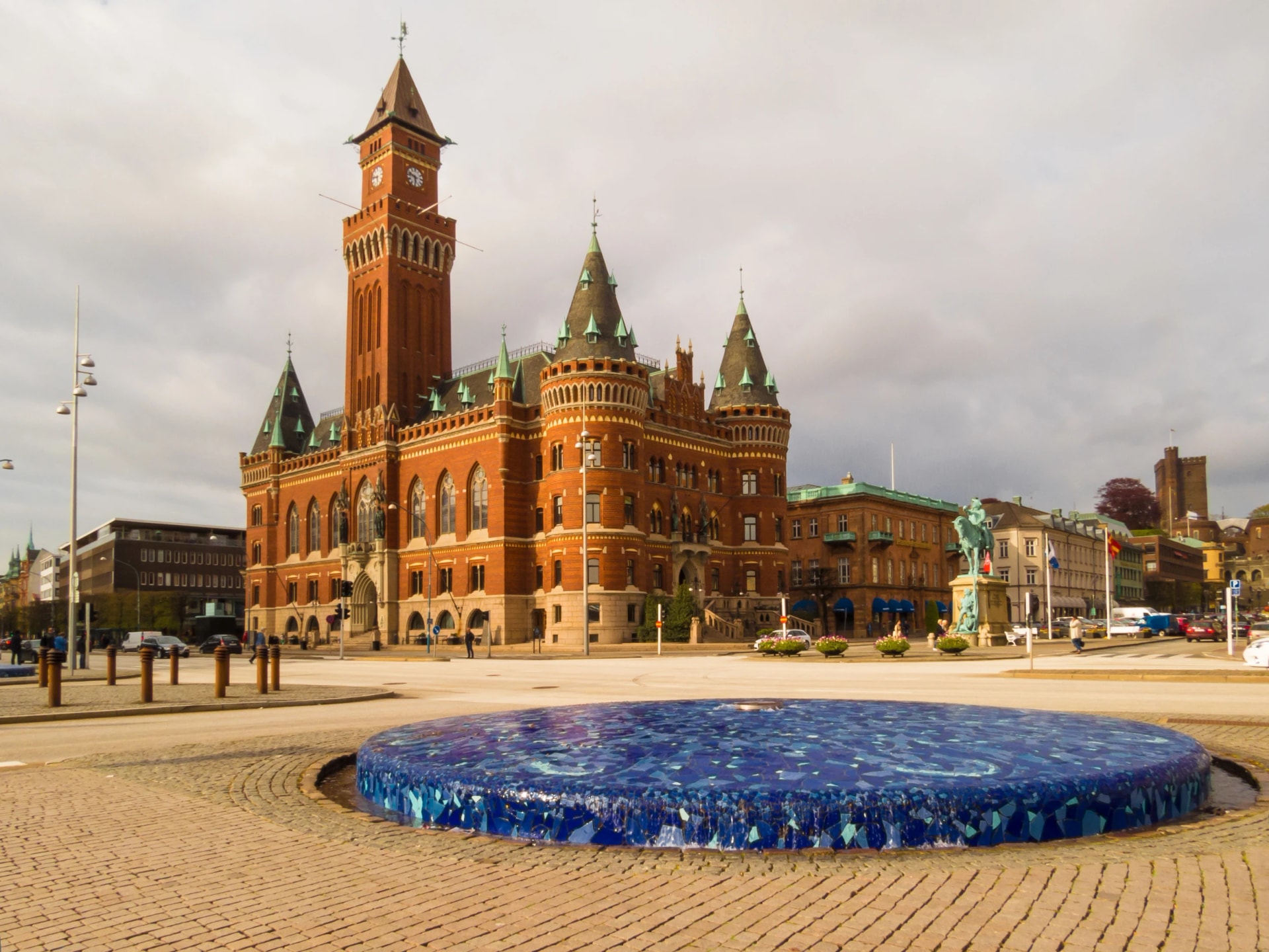 The fountain on the embankment and Town Hall, Helsinborg, Sweden
