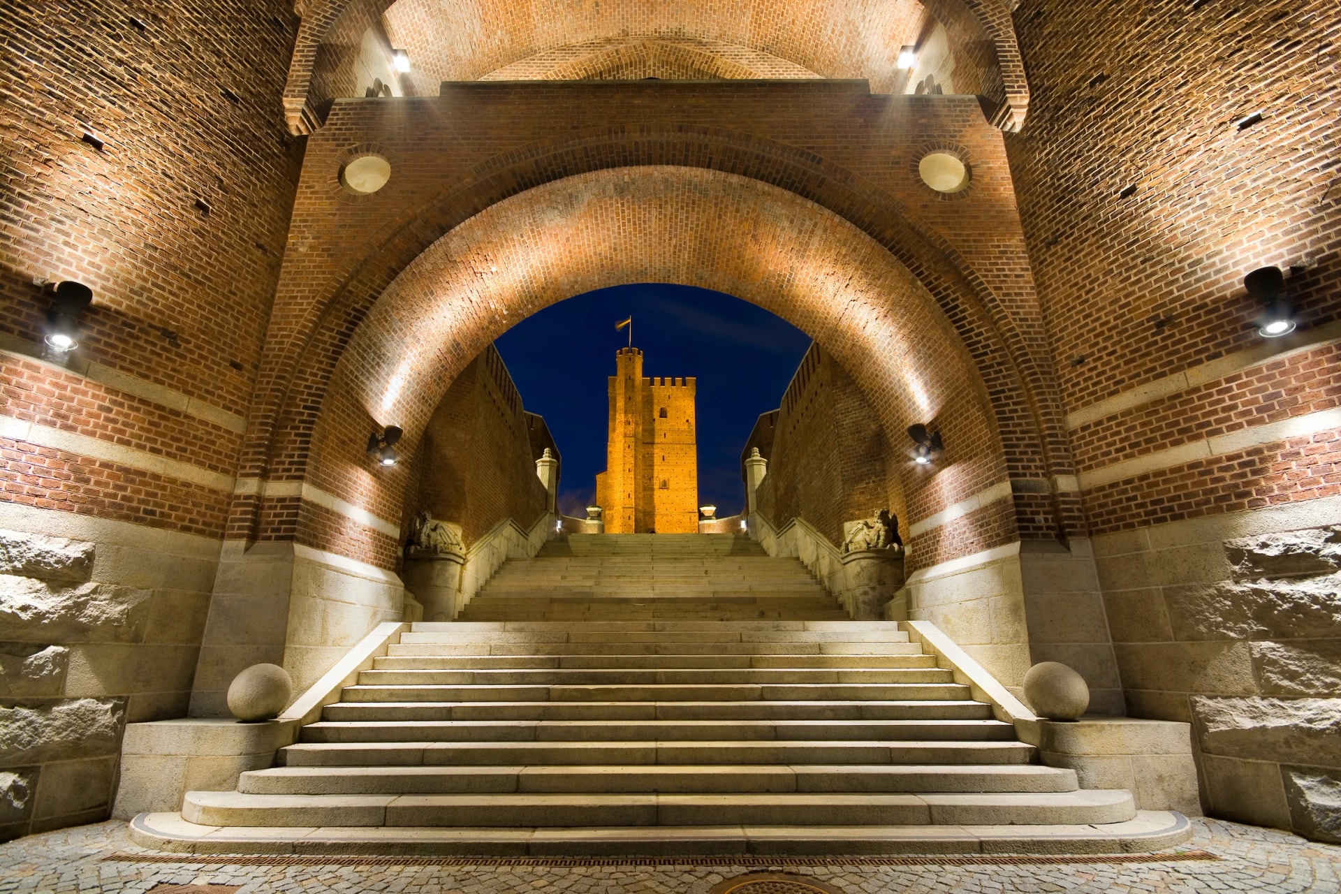 Night view of Karnan - medieval tower in Helsingborg, Sweden