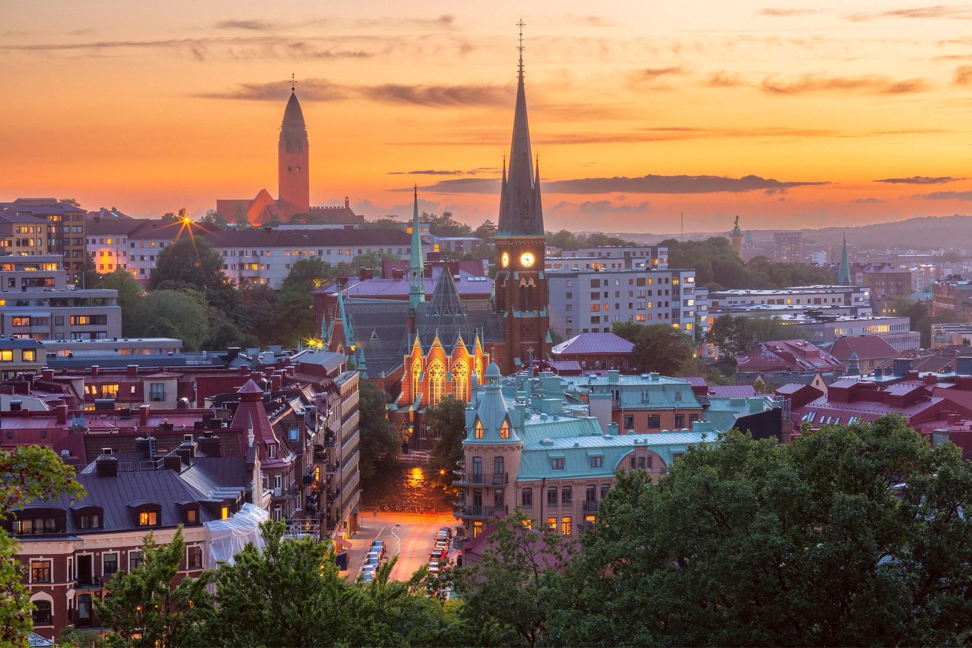 Scenic aerial view of Old Town with Oscar Fredrik Church at gorgeous sunset, Gothenburg, Sweden.
