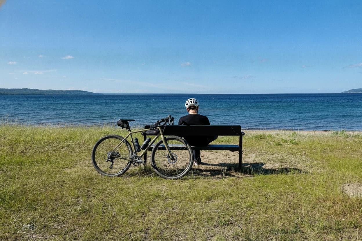 JÖNKÖPING, SWEDEN Man alone on bench on shore of Lake Vättern