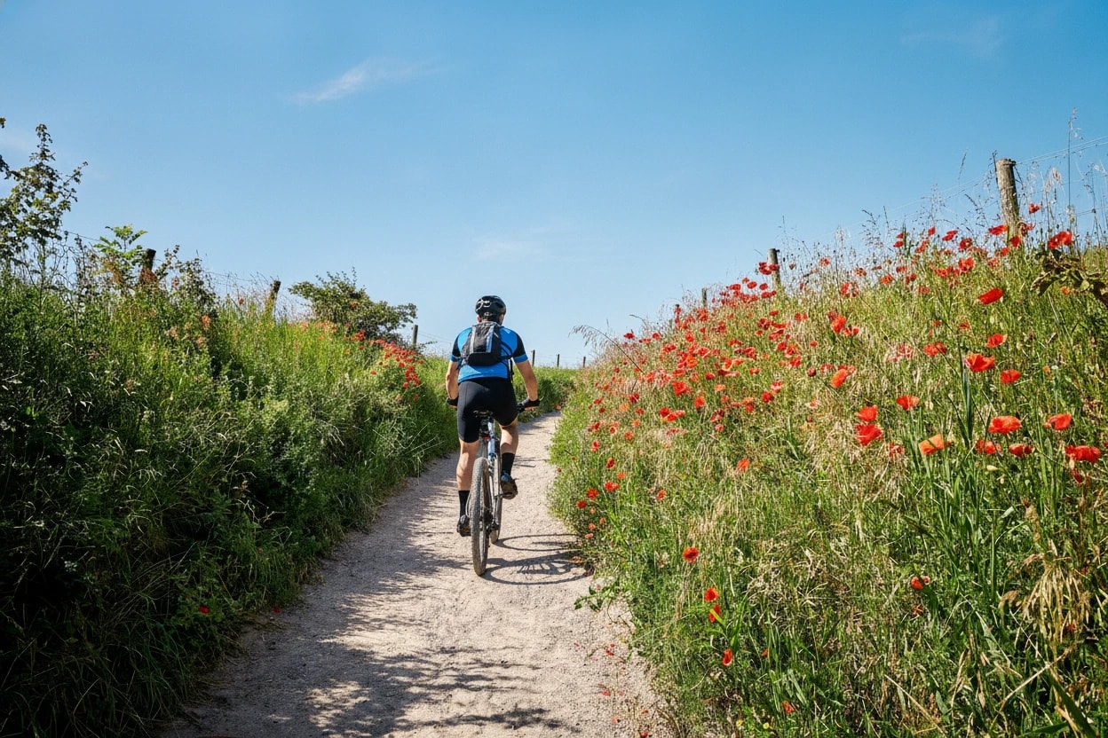 Walkway through field with red poppies (Papaver rhoeas) among green grass a blue summer day.